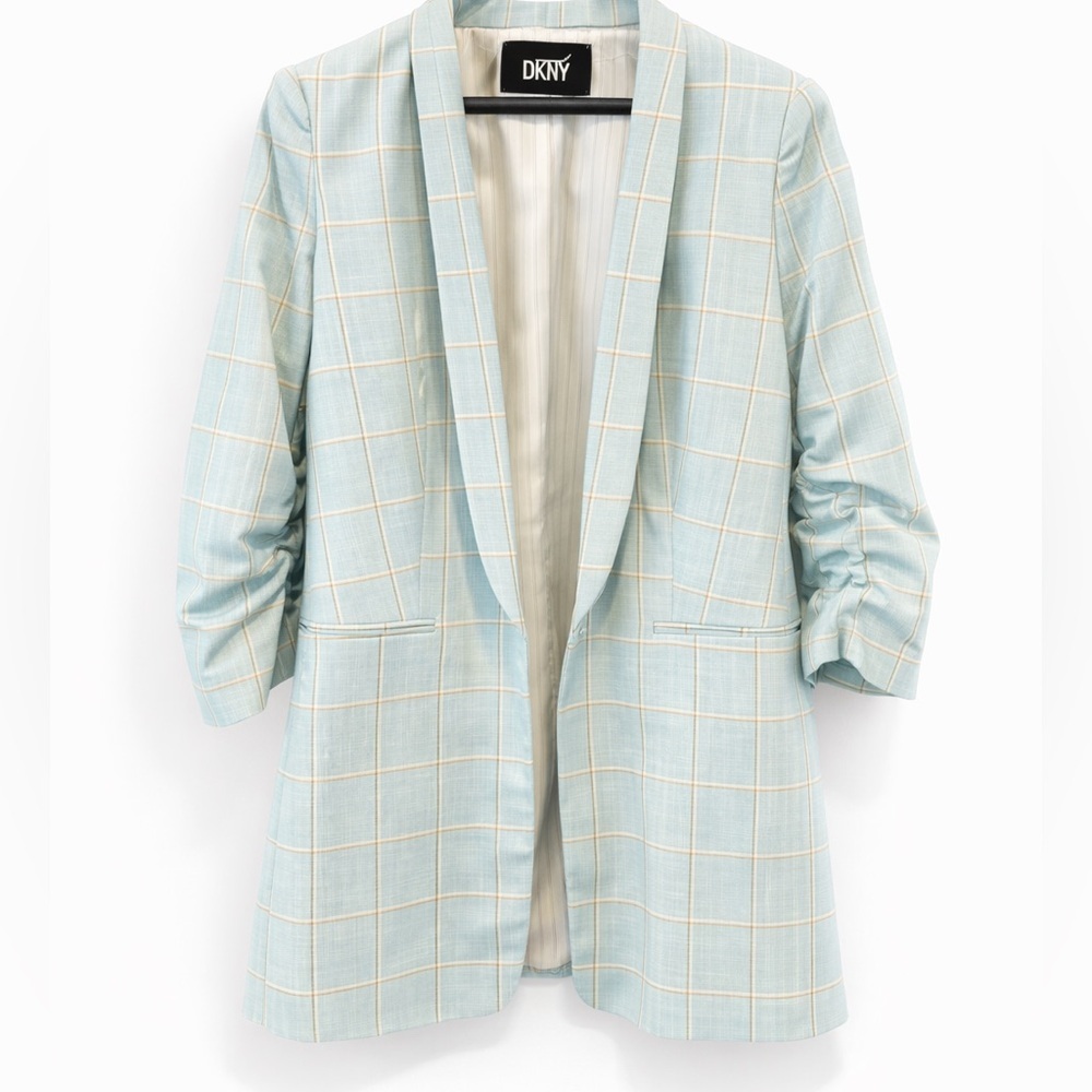 DKNY Blue Plaid Blazer Ruched Sleeve Open Front Jacket Size 10